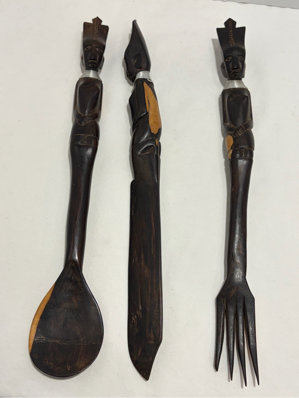 Hand-Carved Brown Wooden Serving Utensil Set with Carved Figure Handles - Picture 2 of 10